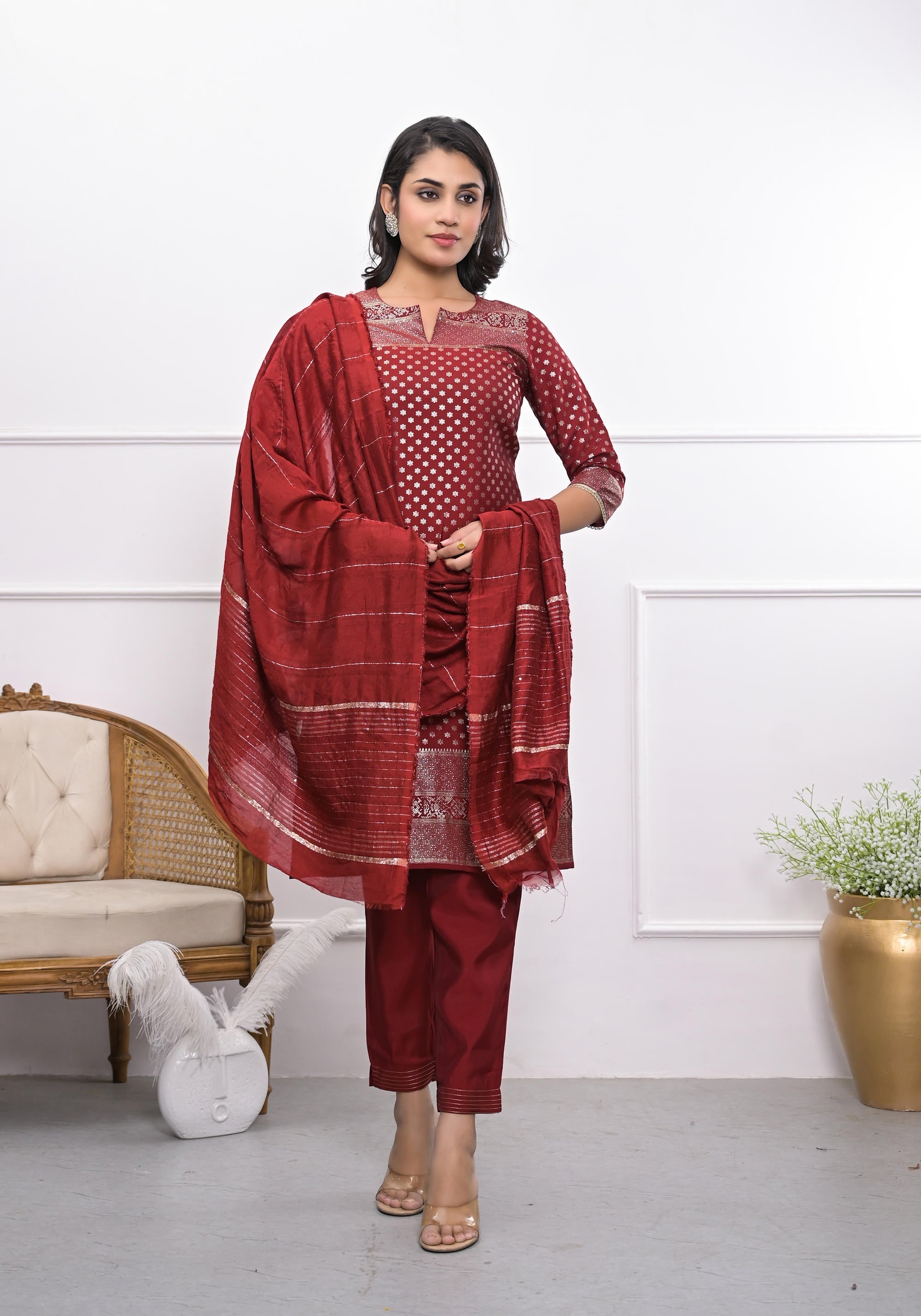 Juniper Women's Maroon Ethnic Motif Printed Silk Kurta Set With Zari Work