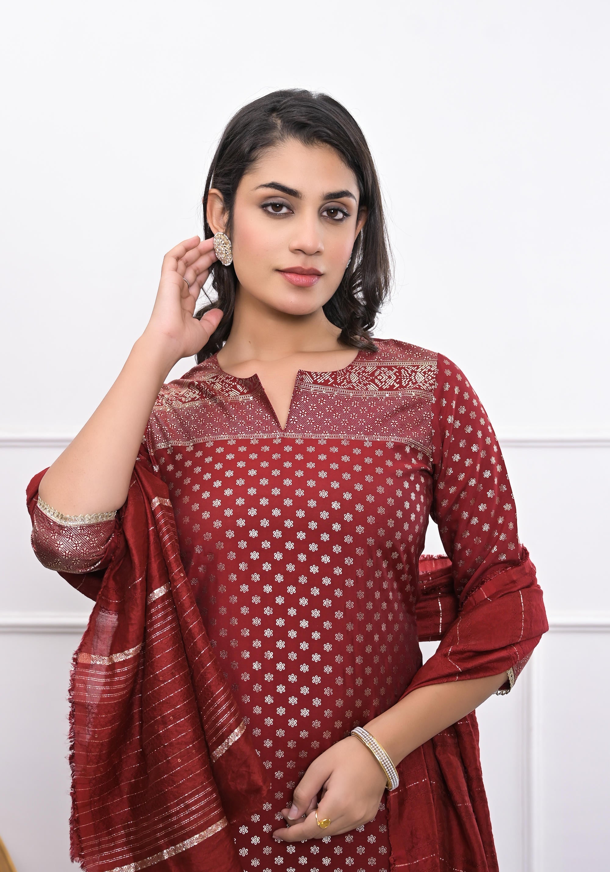 Juniper Women's Maroon Ethnic Motif Printed Silk Kurta Set With Zari Work