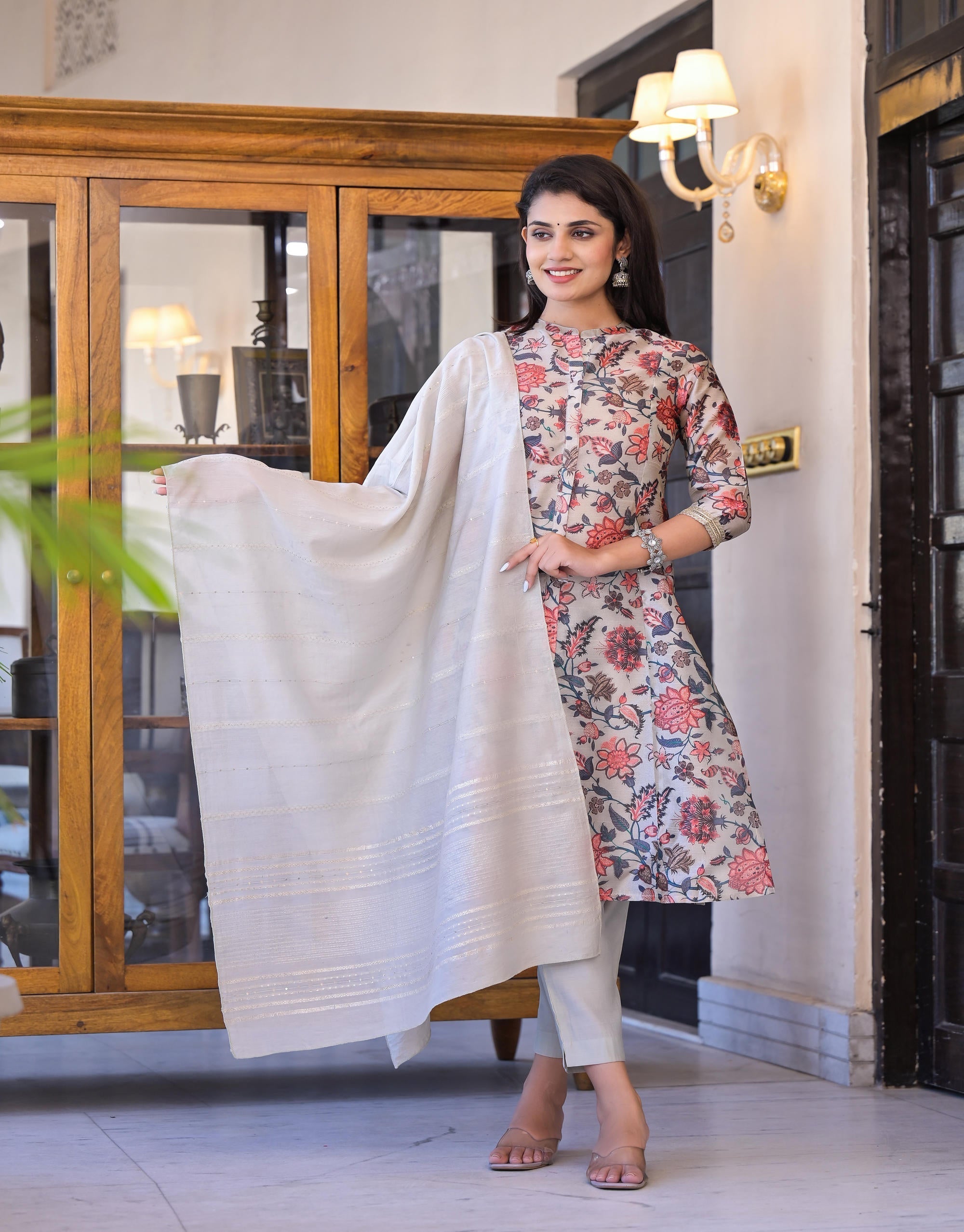 Juniper Women's Off White Floral Printed Silk Kurta Set With Sequins