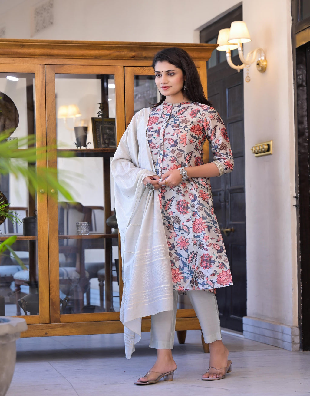 Juniper Women's Off White Floral Printed Silk Kurta Set With Sequins