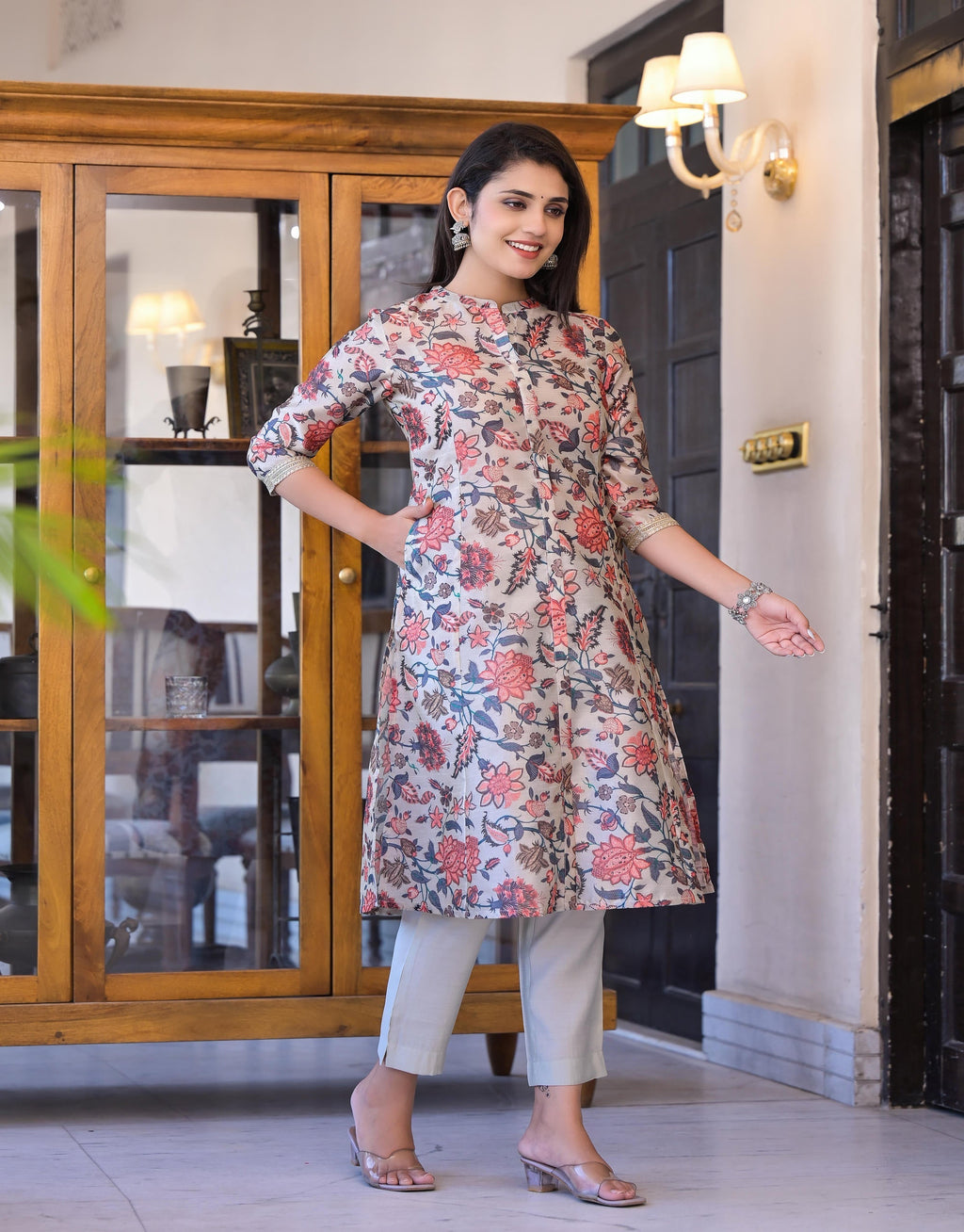 Juniper Women's Off White Floral Printed Silk Kurta Set With Sequins