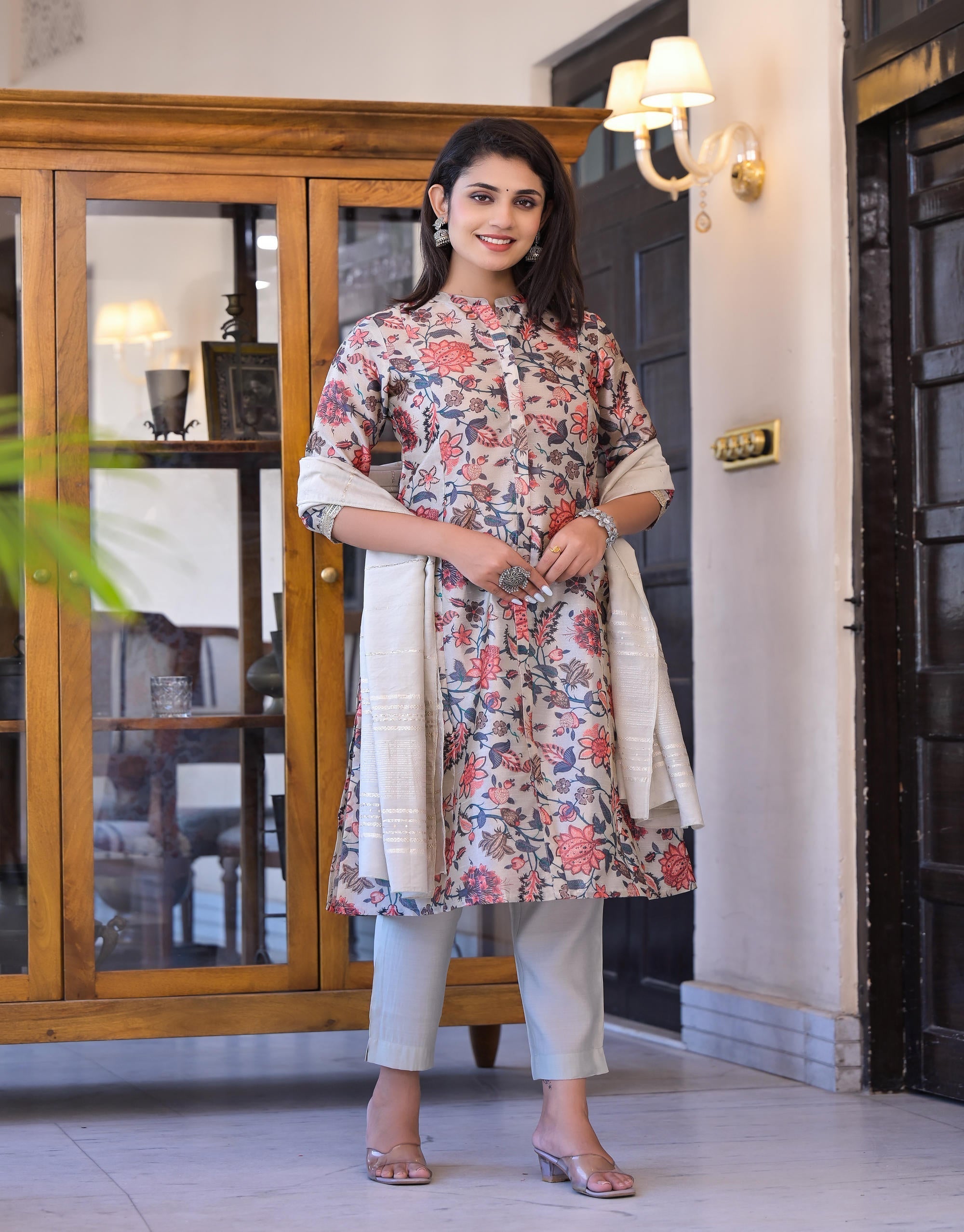 Juniper Women's Off White Floral Printed Silk Kurta Set With Sequins
