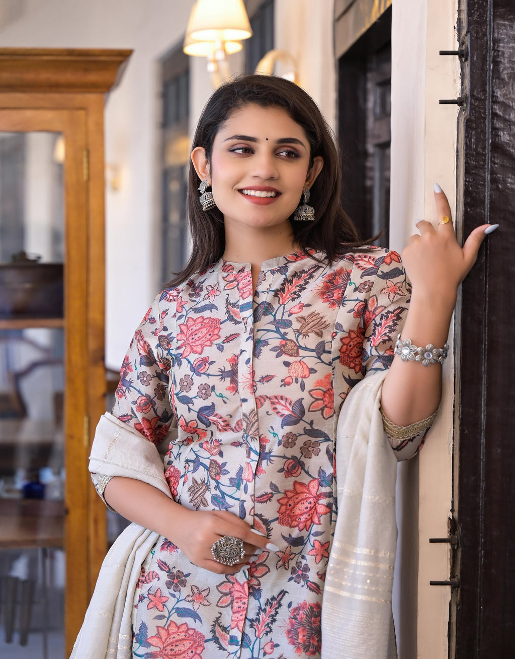 Juniper Women's Off White Floral Printed Silk Kurta Set With Sequins