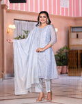 Juniper Women's Grey Floral Printed Chanderi Kurta Set With Lace & Buttons