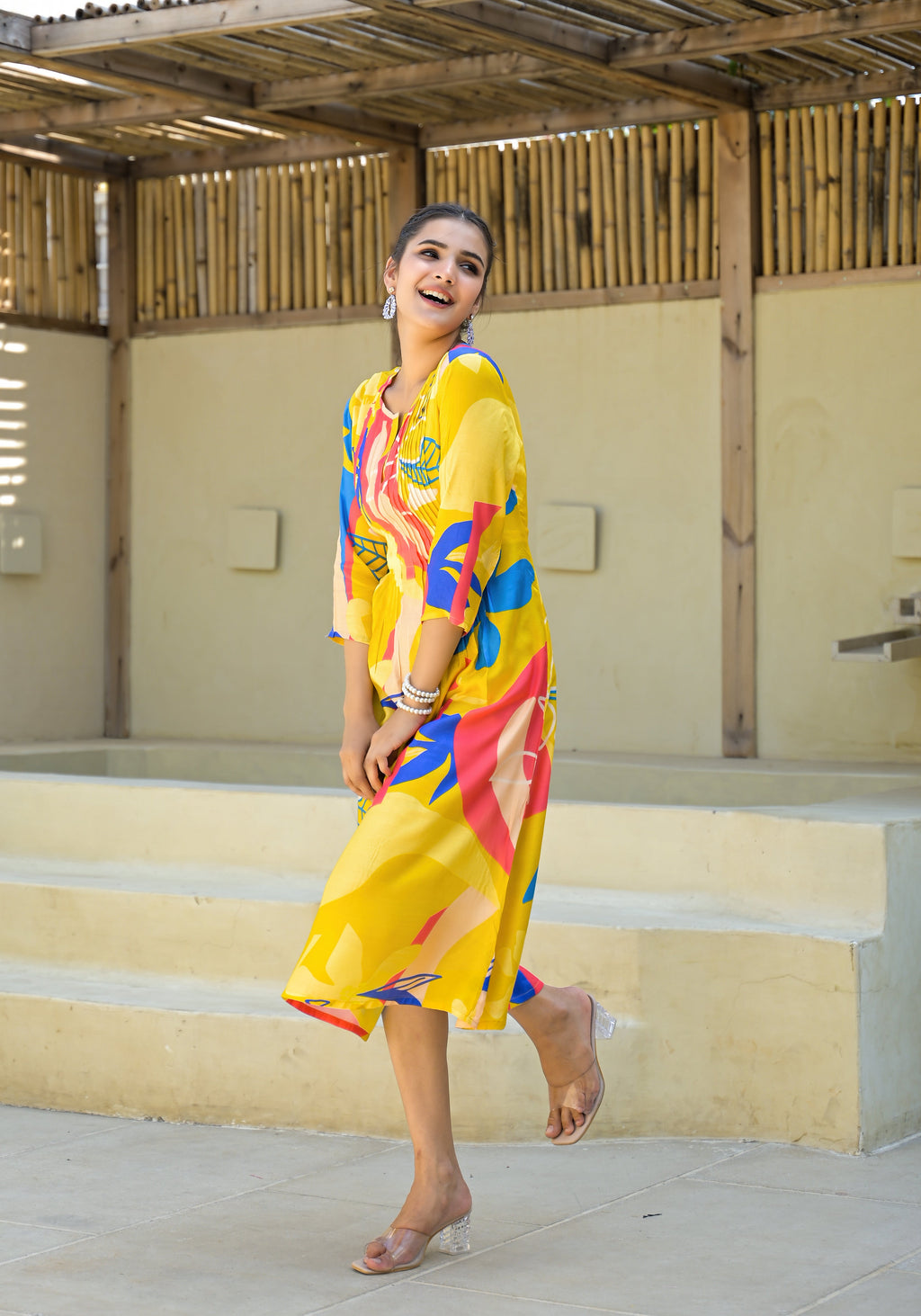 Juniper Women's Yellow Floral Printed Muslin A-Line Dres
