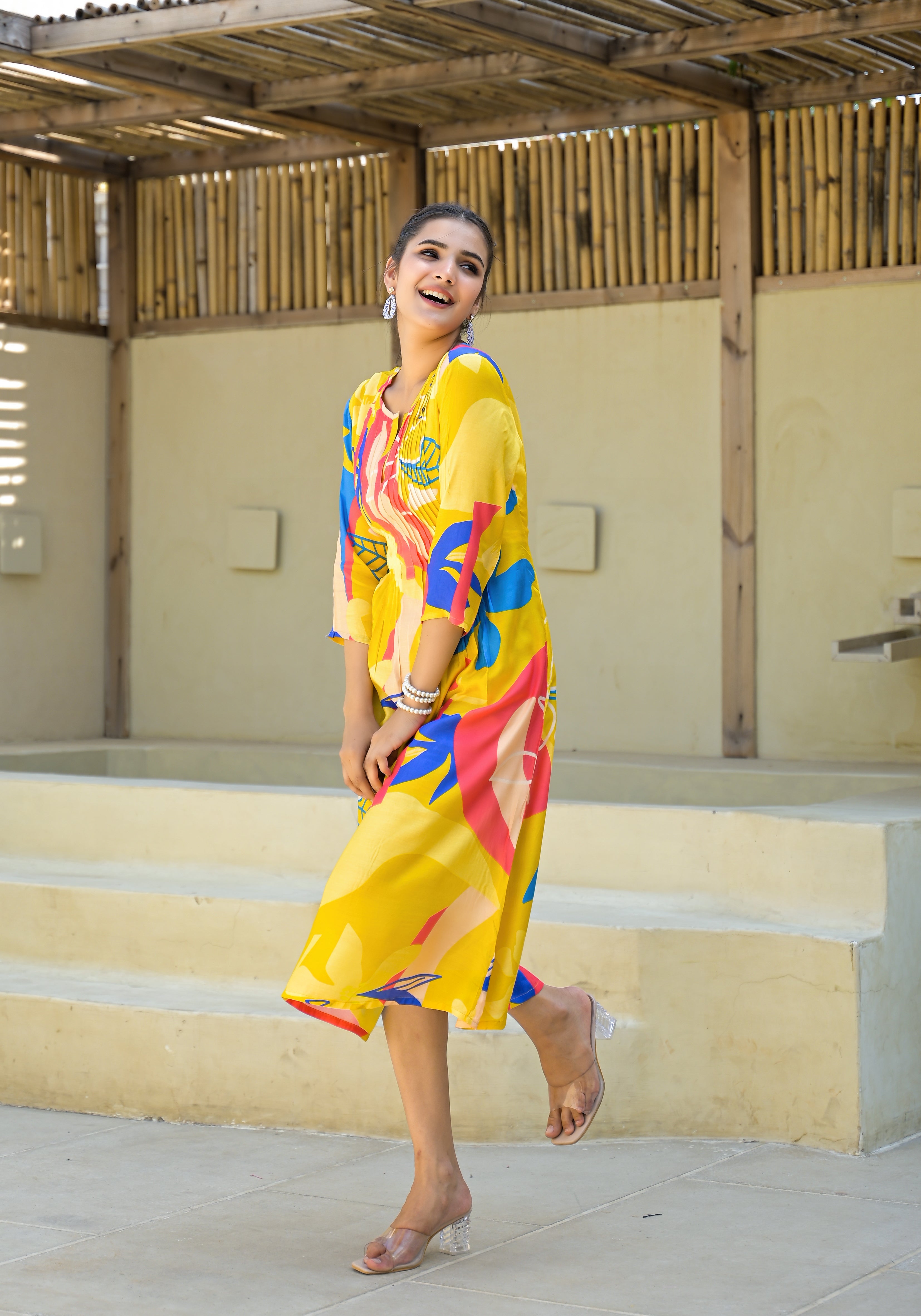 Juniper Women's Yellow Floral Printed Muslin A-Line Dres