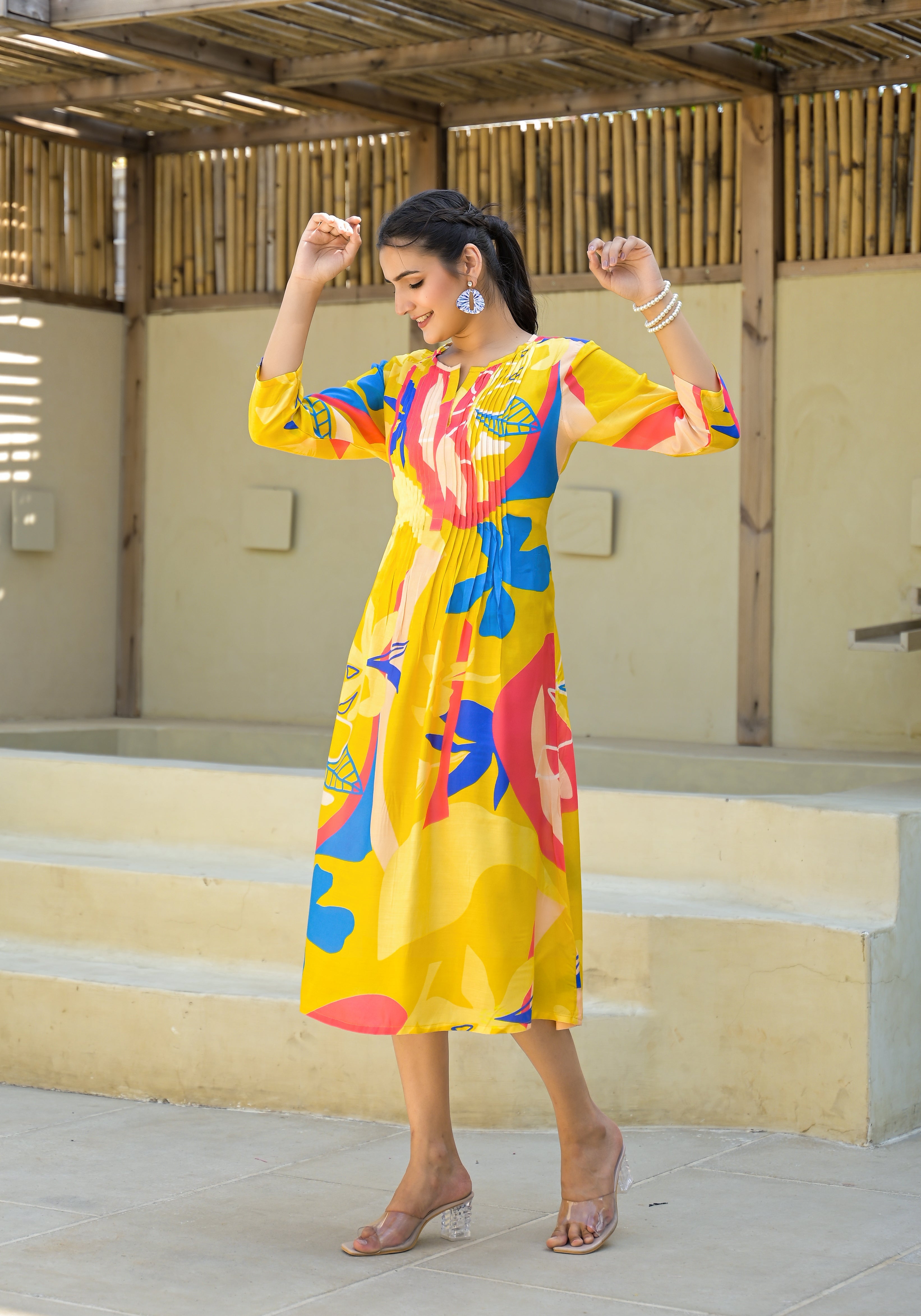 Juniper Women's Yellow Floral Printed Muslin A-Line Dres