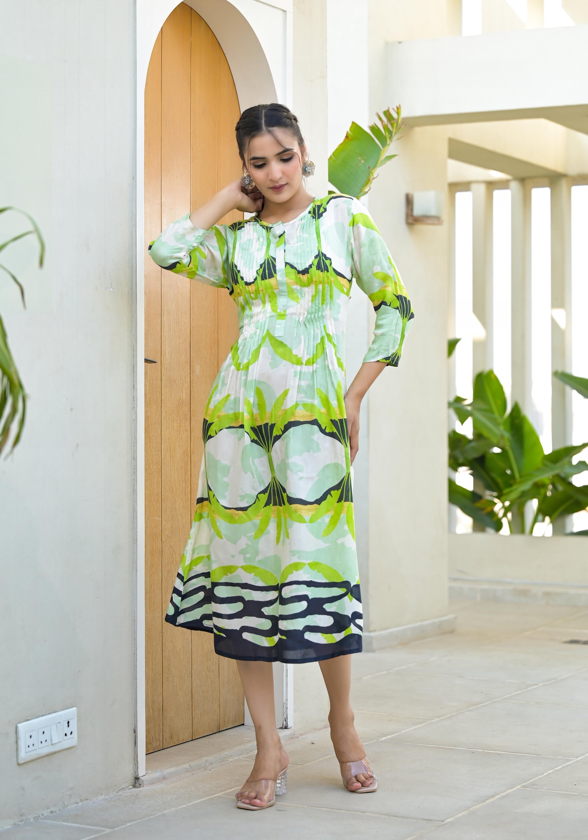 Juniper Green muslin boat neck knee length dress with ethnic print
