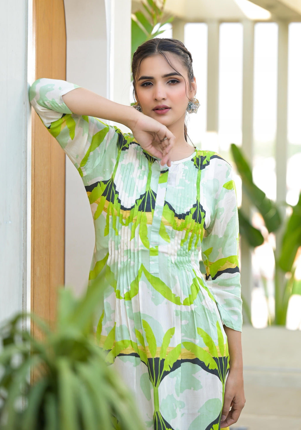 Juniper Green muslin boat neck knee length dress with ethnic print