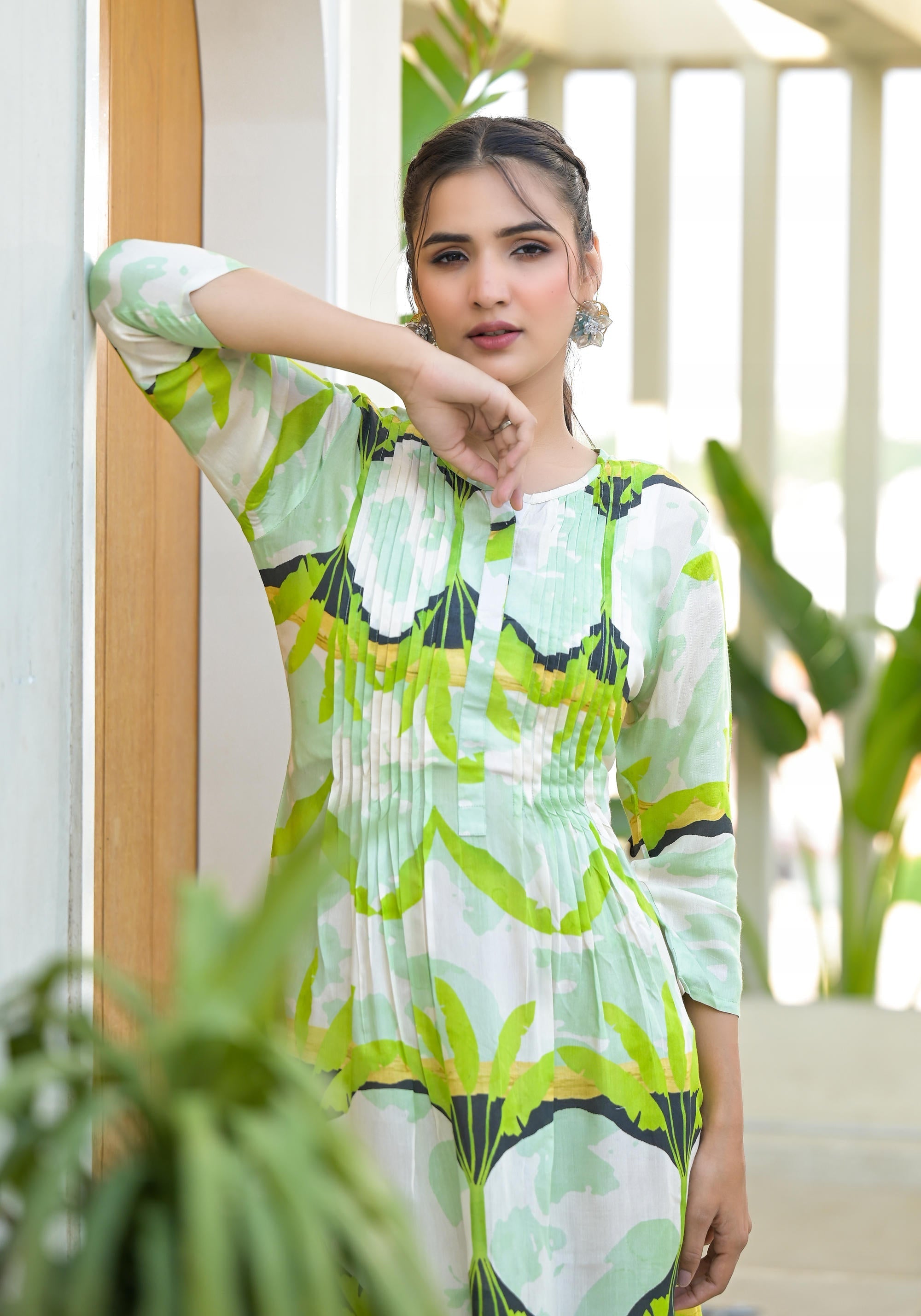 Juniper Green muslin boat neck knee length dress with ethnic print