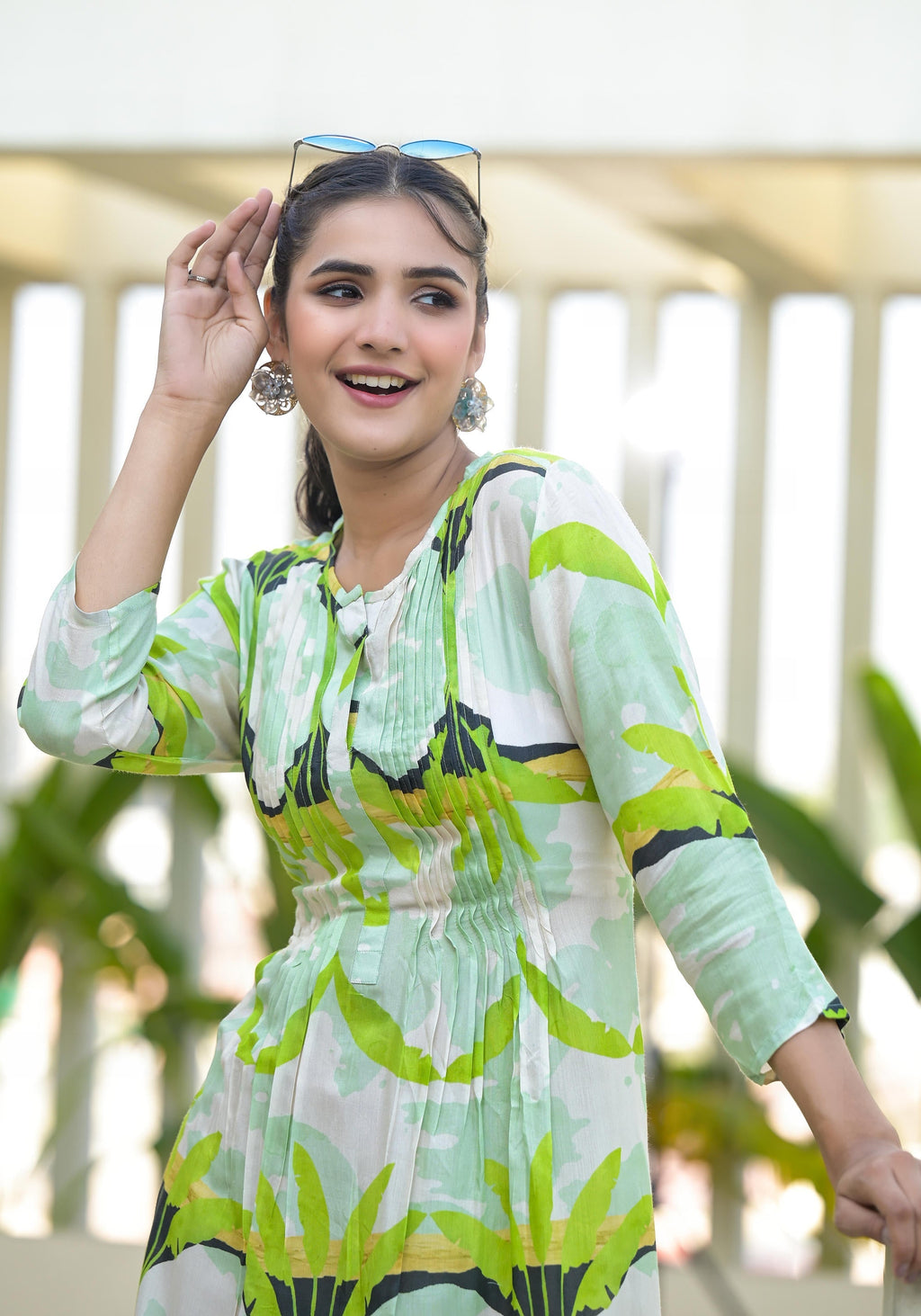 Juniper Green muslin boat neck knee length dress with ethnic print