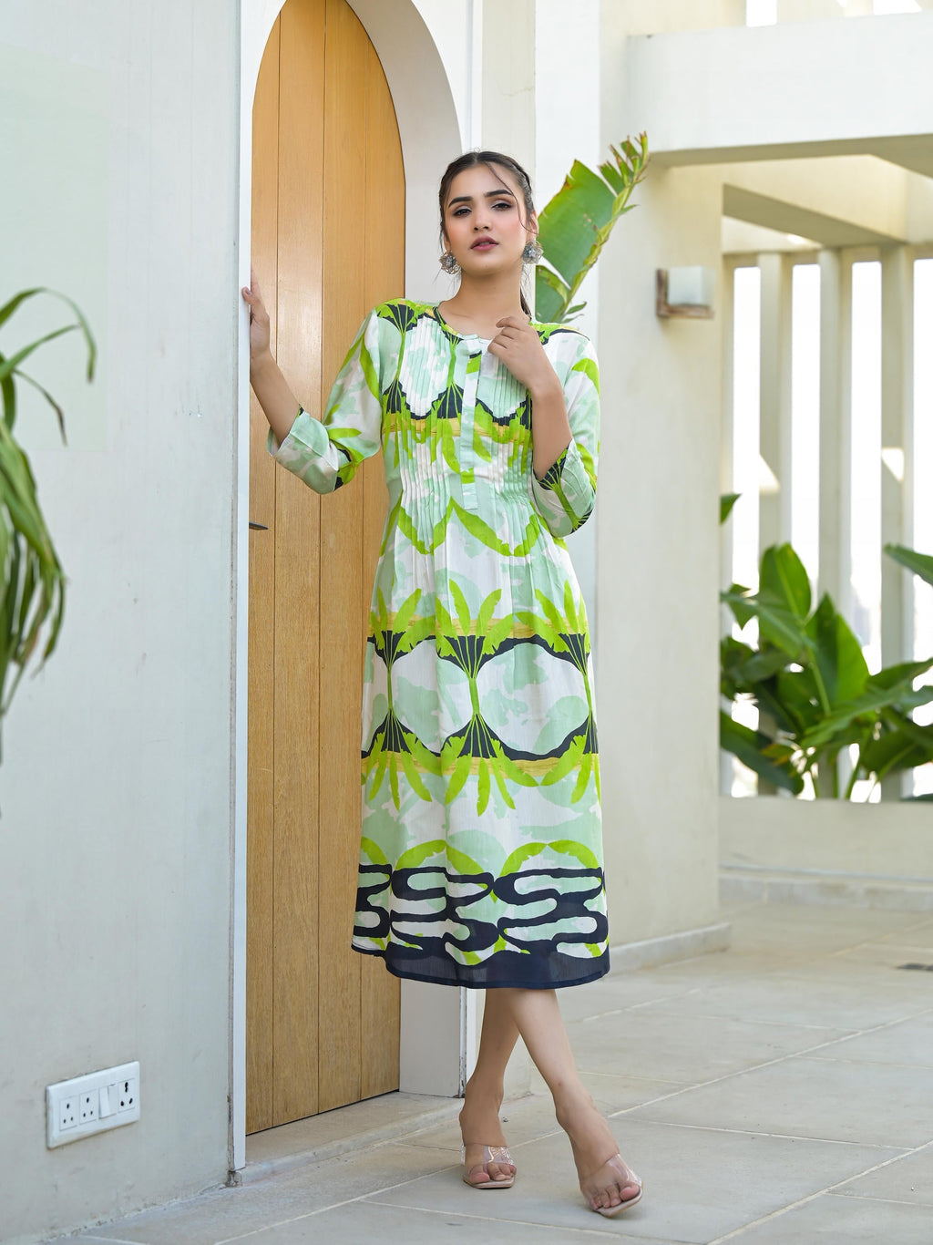 Juniper Green muslin boat neck knee length dress with ethnic print