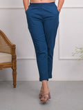 Juniper Blue Solid Cotton Pants With Partially Elasticated Waistband And Two Side Pockets