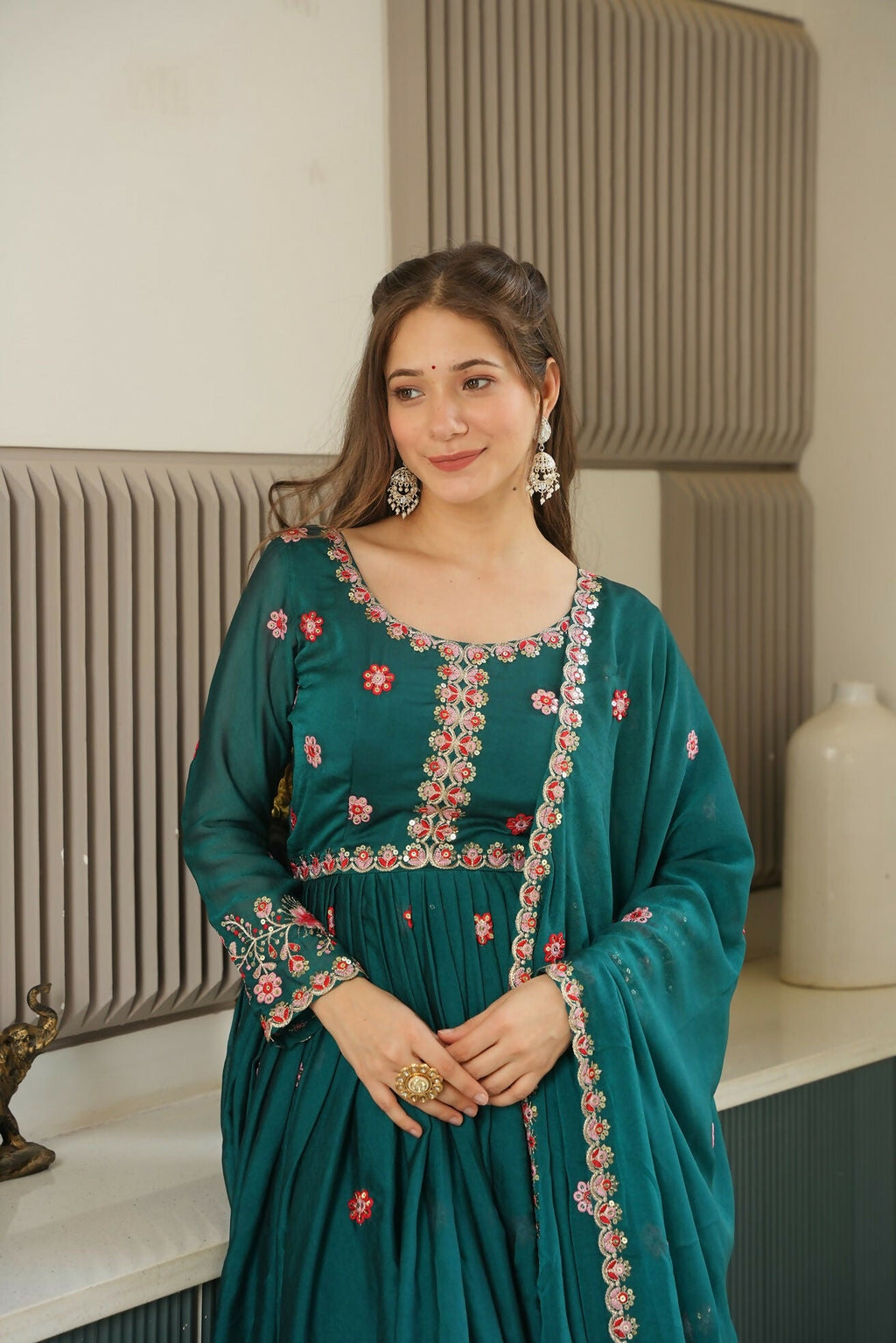 Teeya Creation Rama Color Heavy Crush Silk Wedding Wear Embroidery Work Long Gown
