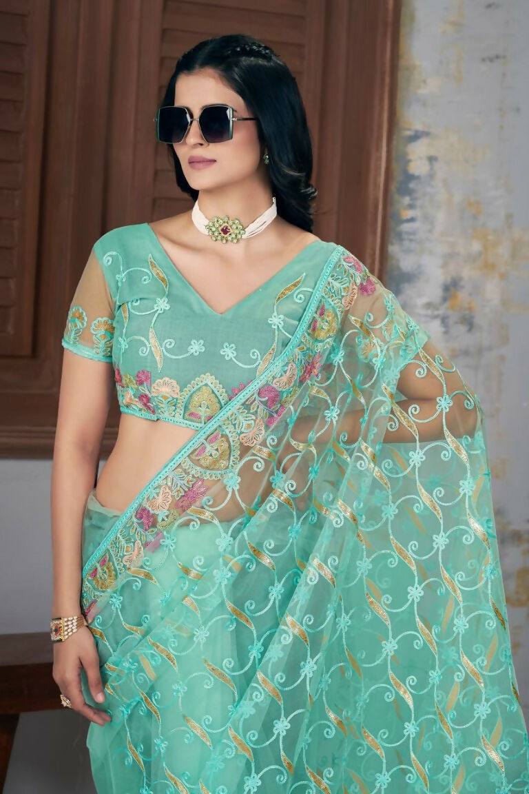 Vastranavya Soft Crush Georgette With Embroidery and Foil Multi Thread Work Saree - Turquoise