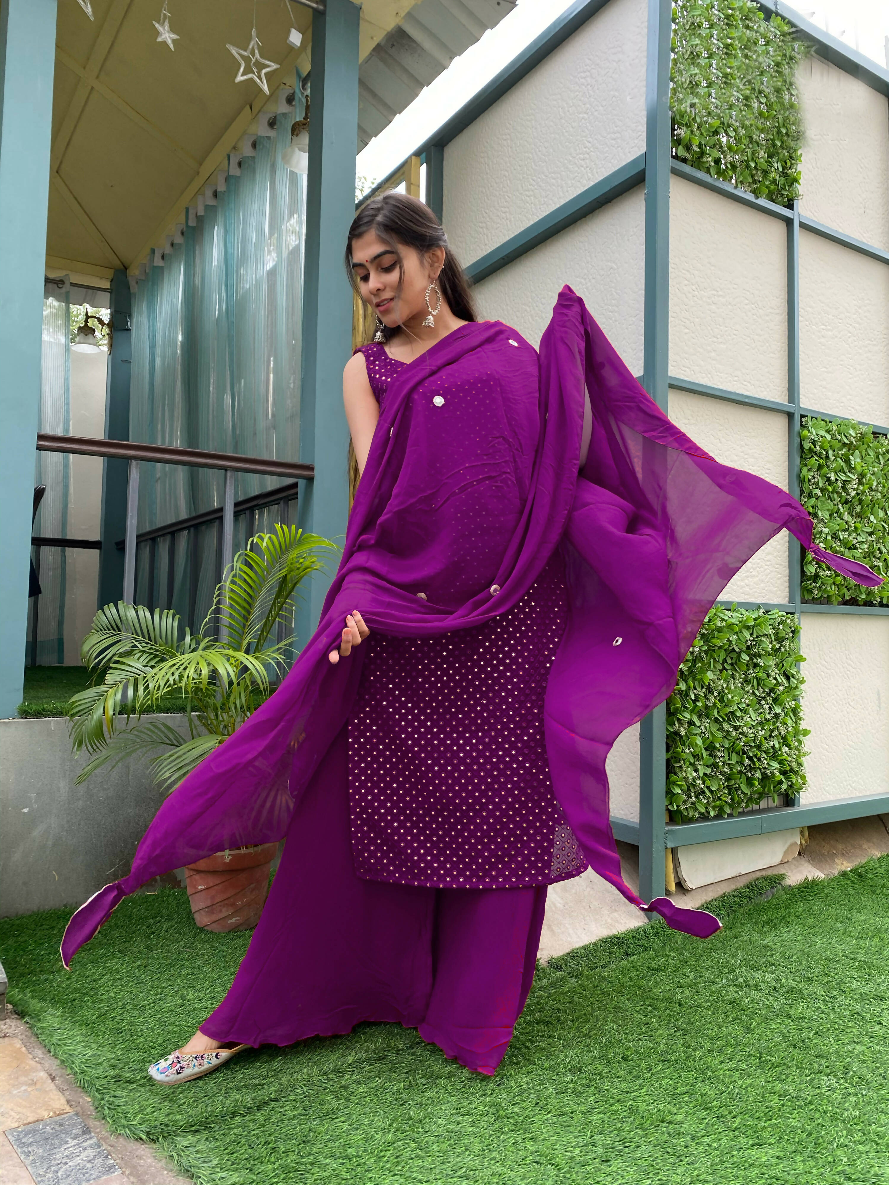 Partywear Designer Purple Georgette Palazzo Suit - Anbazaar
