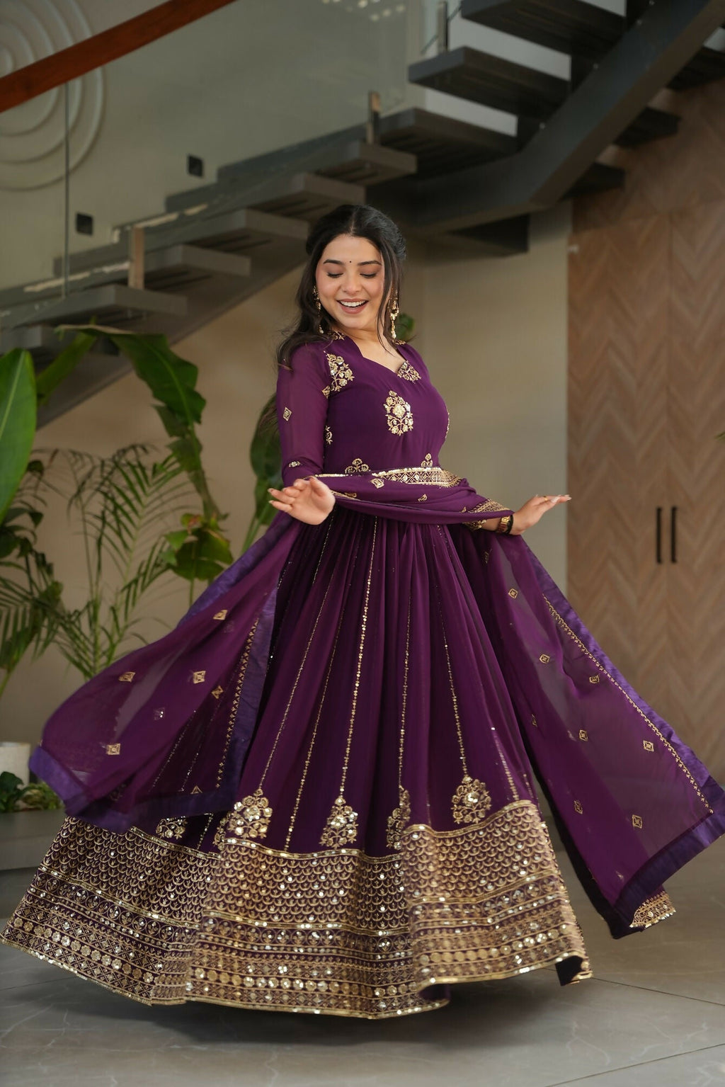 Joban Fashion Wine Georgette Sequence Embroidery Work Kurta Set