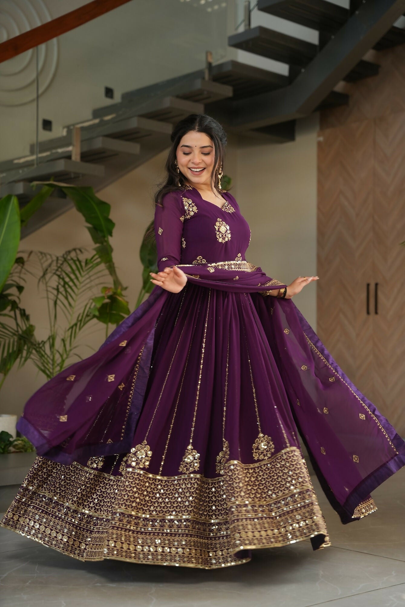 Joban Fashion Wine Georgette Sequence Embroidery Work Kurta Set