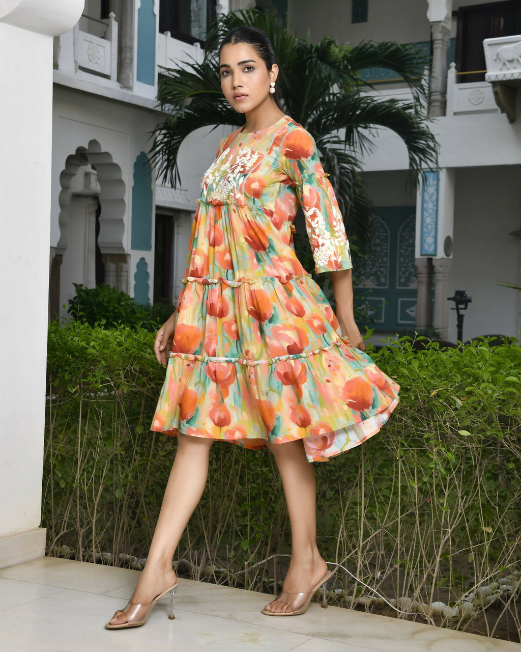 Vaasva Women's Orange Cotton Embroidered& Digital Printed Dress
