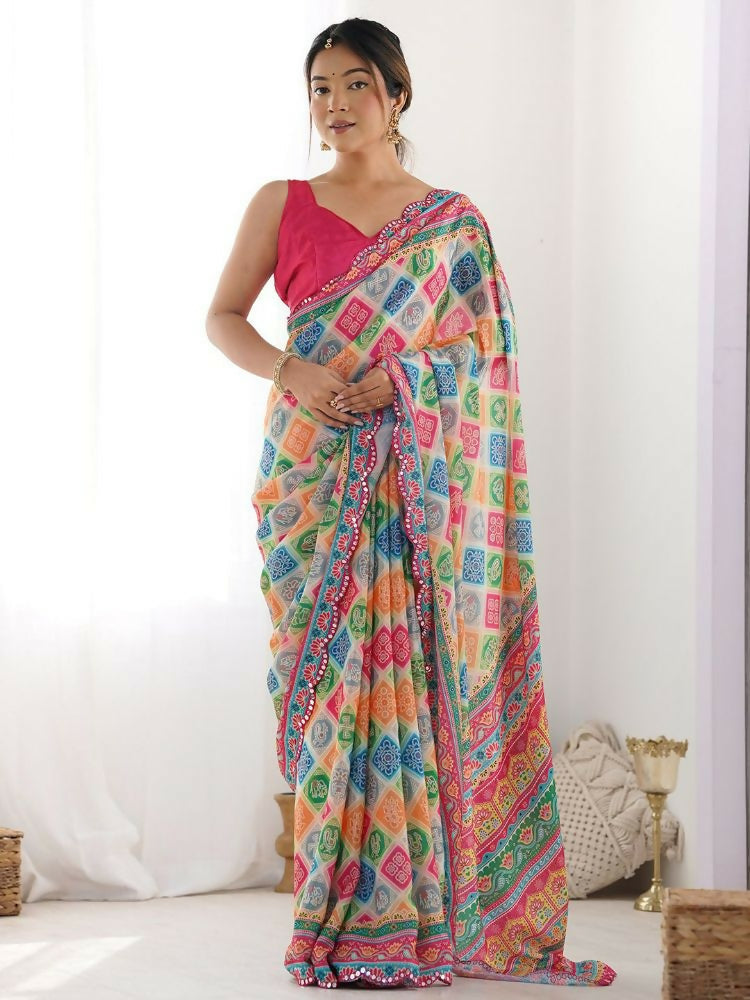 PR Fashion Multi Georgette Digital Print With Mirror Work Saree