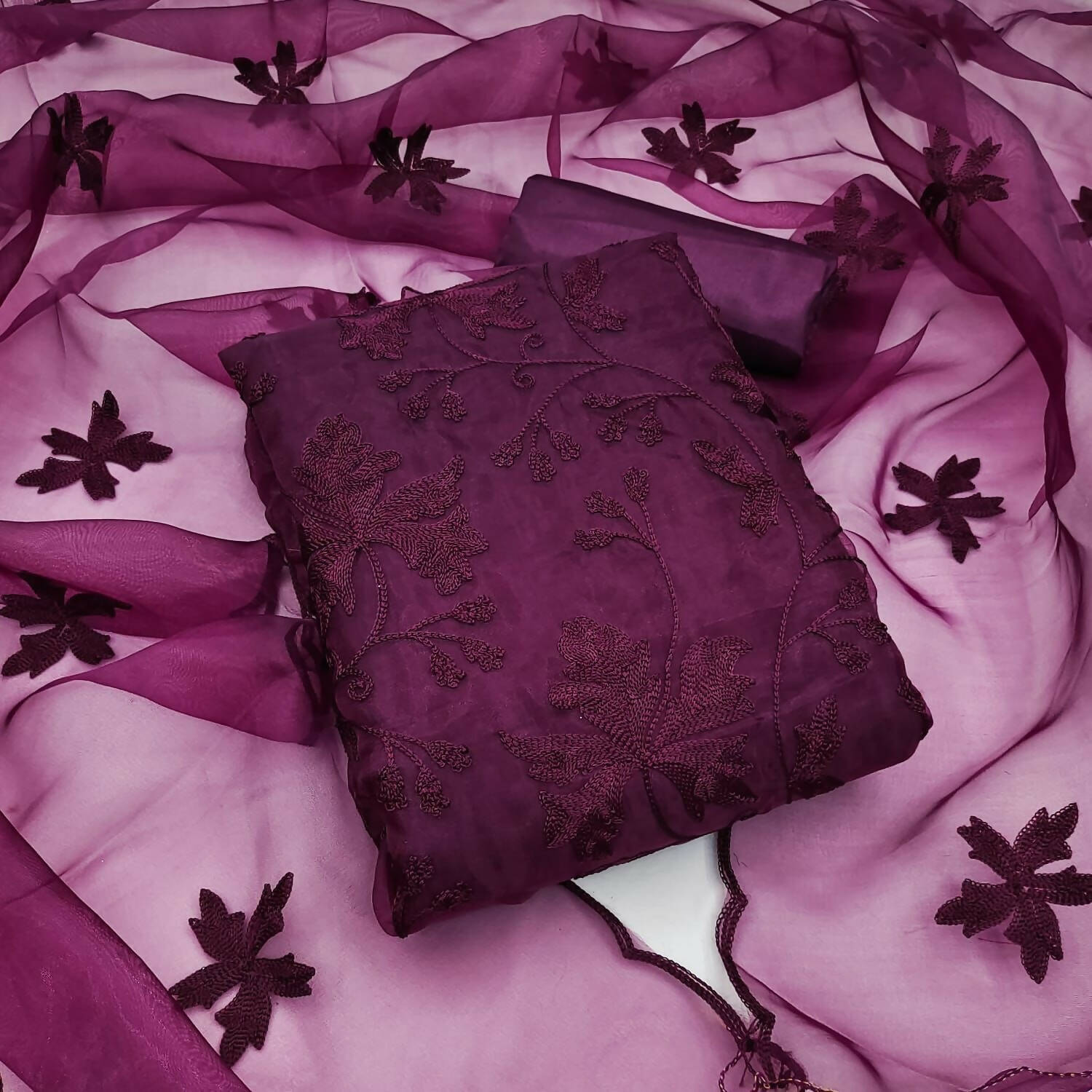 Wine Heavy Organza Silk Embroidered Unstitched Dress Material - Amara
