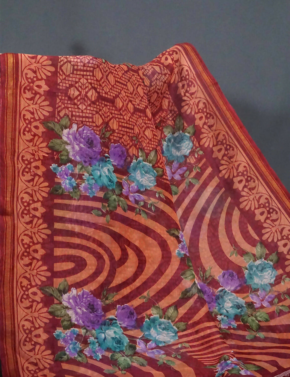 Shades Of Peppy Red Floral Design Semi Chanderi Saree By Gayathri Reddy Designer Studio