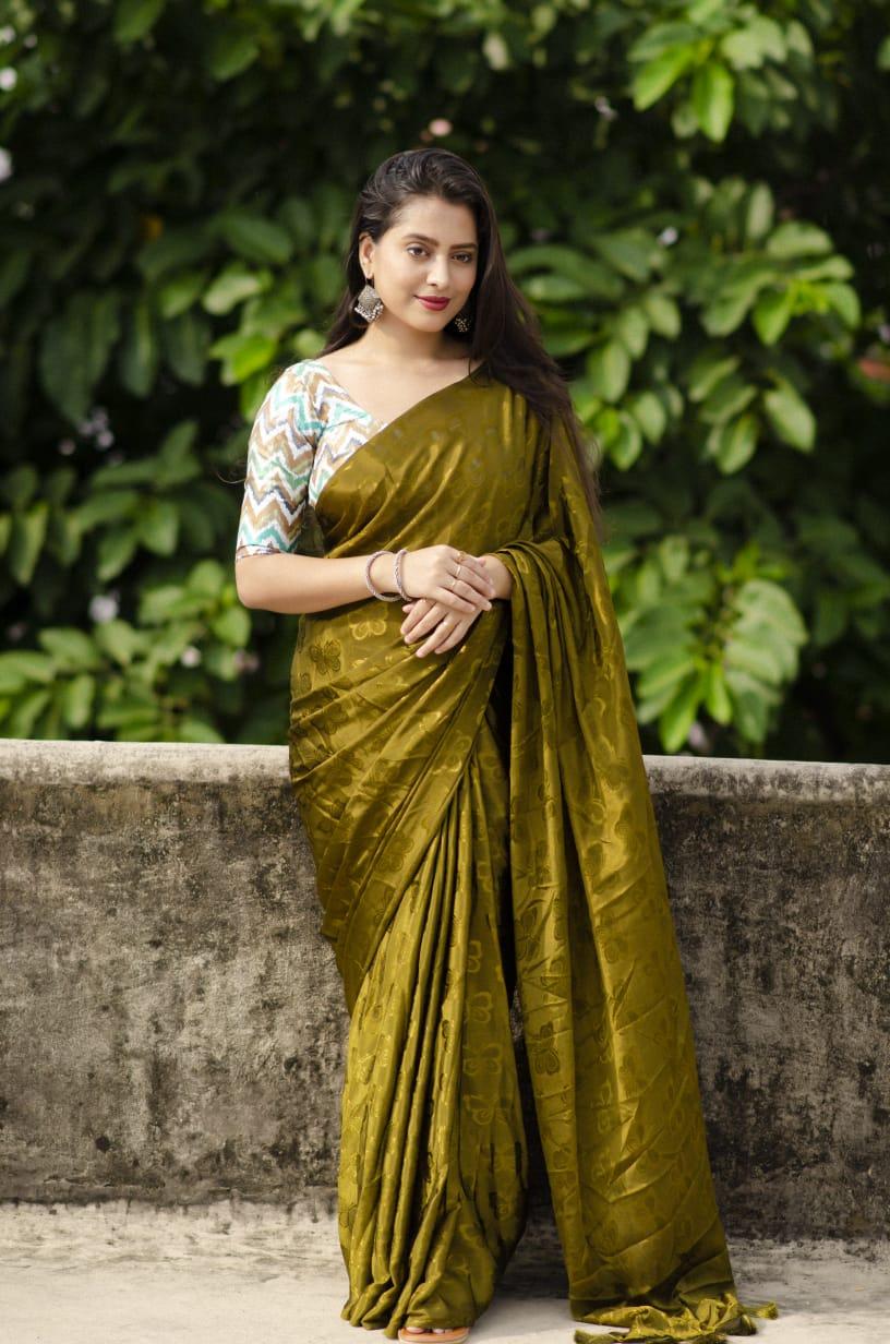 Mehndi Silk Blend Ethnic Motifs Saree with Unstitched Blouse - Hiral Fashion