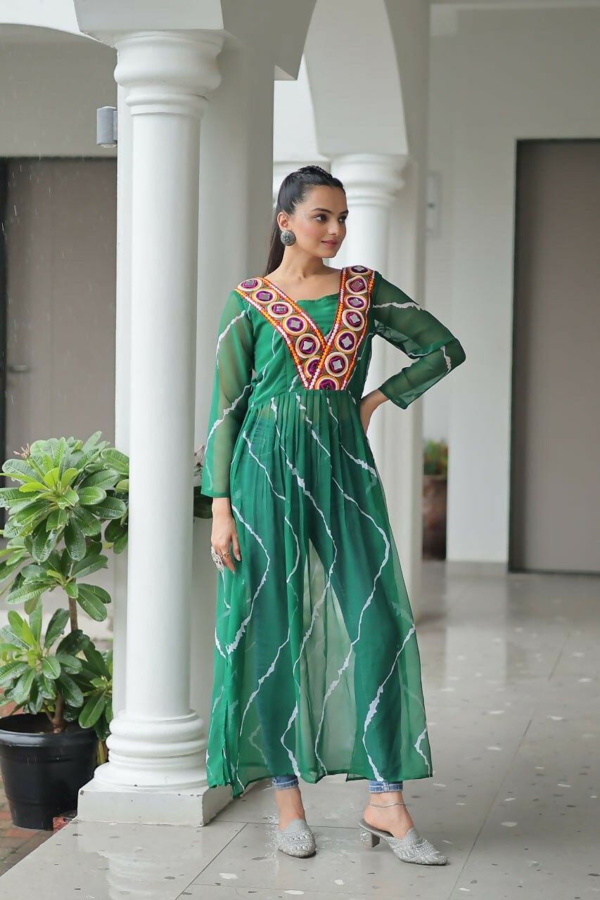 Vastranavya Green Navratri Special Kutchi Patch Work with Leheriya Printed Kurti