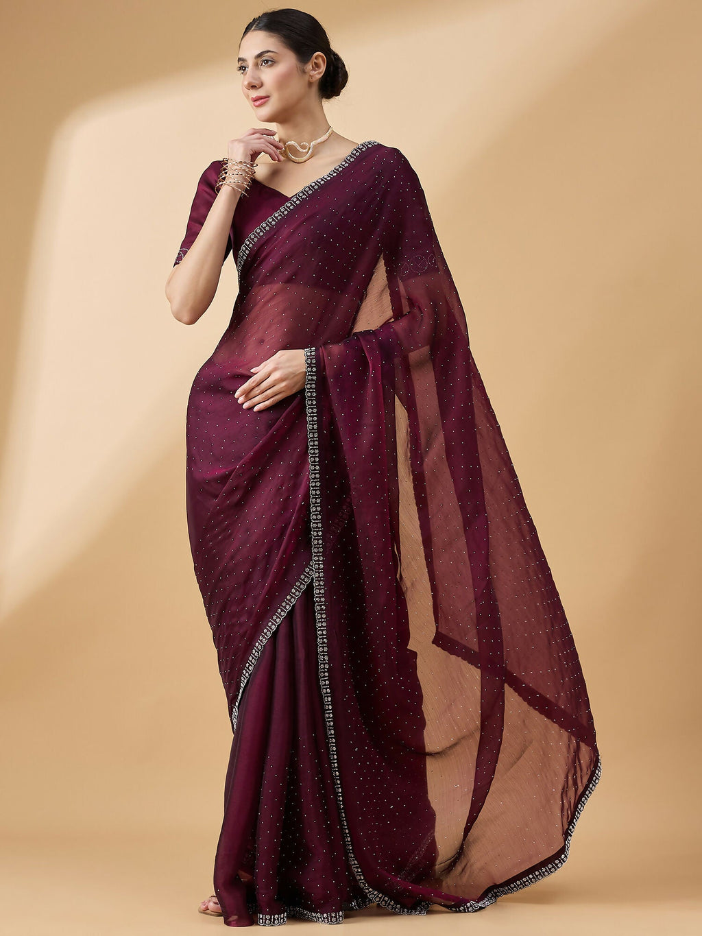 Purple Organza Swaroski Diamond Work Saree with Unstitched Blouse - Radha