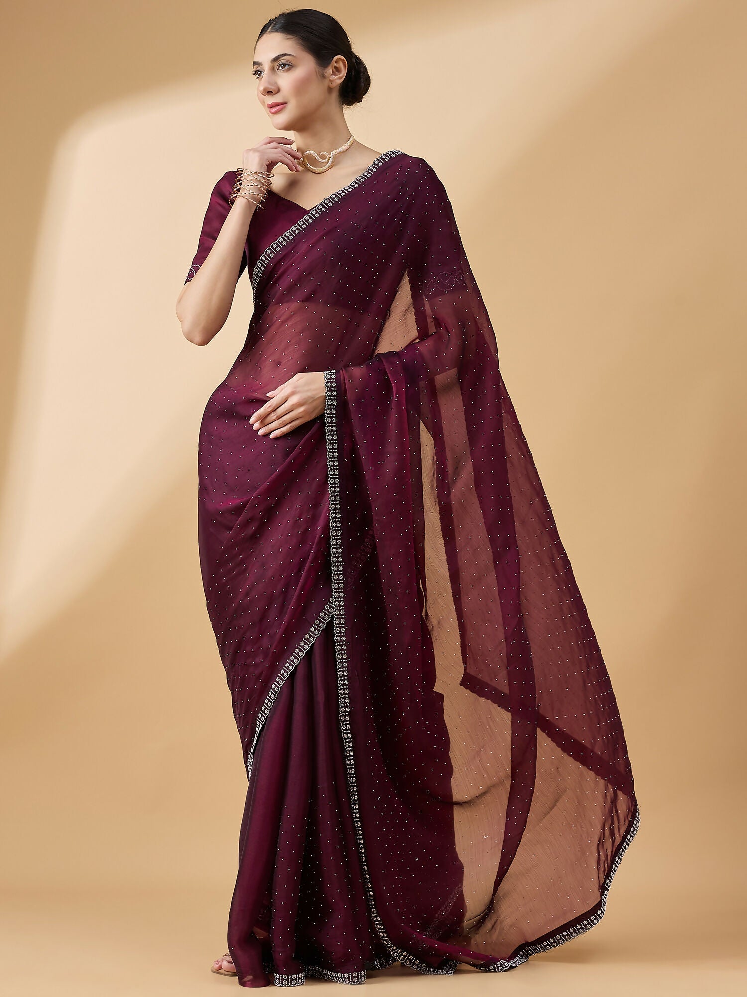 Purple Organza Swaroski Diamond Work Saree with Unstitched Blouse - Radha