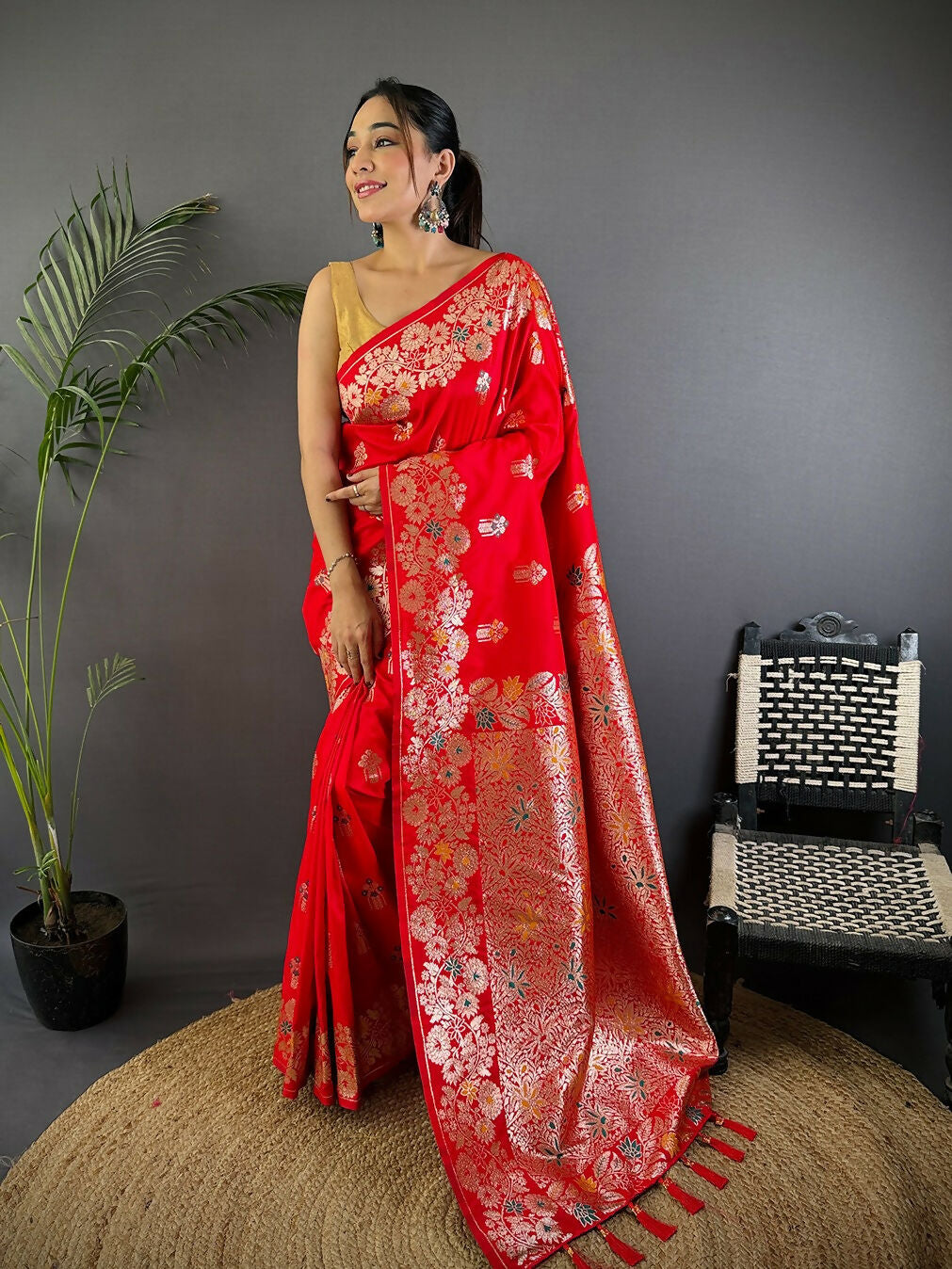 Joban Fashion Meenakari Red Woven Soft Silk Saree