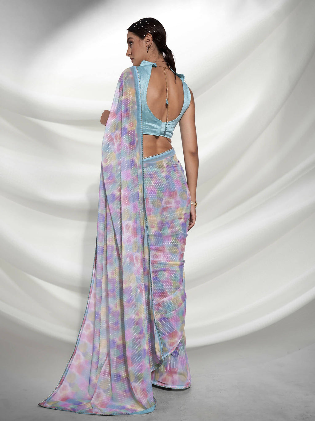 Blue Georgette Sequence Embroidery Saree With Unstitched Blouse Piece - Rajal
