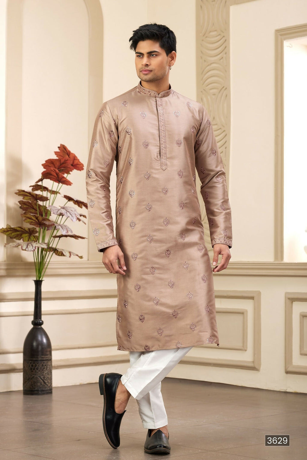 Raivat Ethnic Men's Art Silk Thread Work Kurta Pyjama In Brown Colour