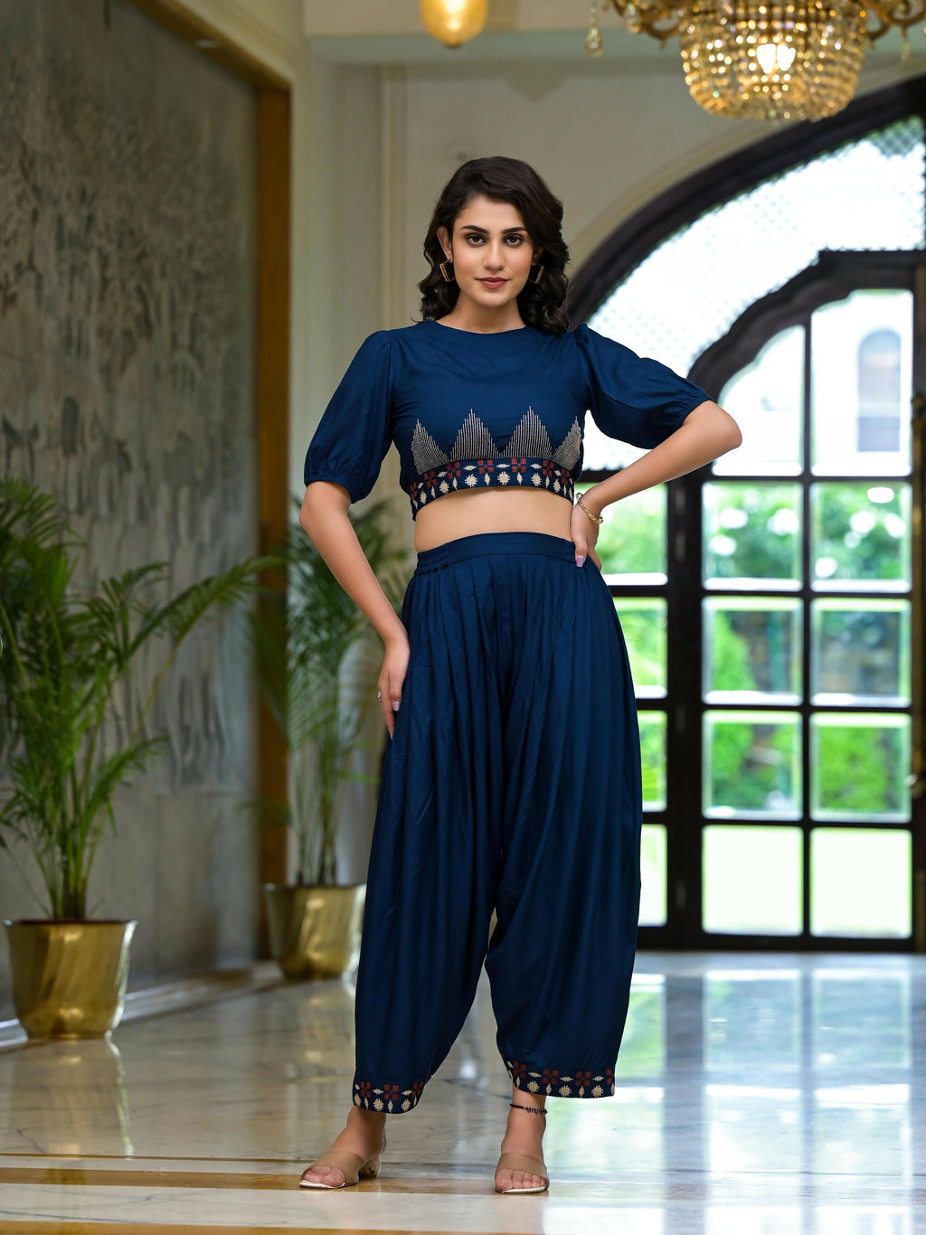 Juniper Women's Navy Thread Embroidered Rayon Top & Dhoti Pant Set