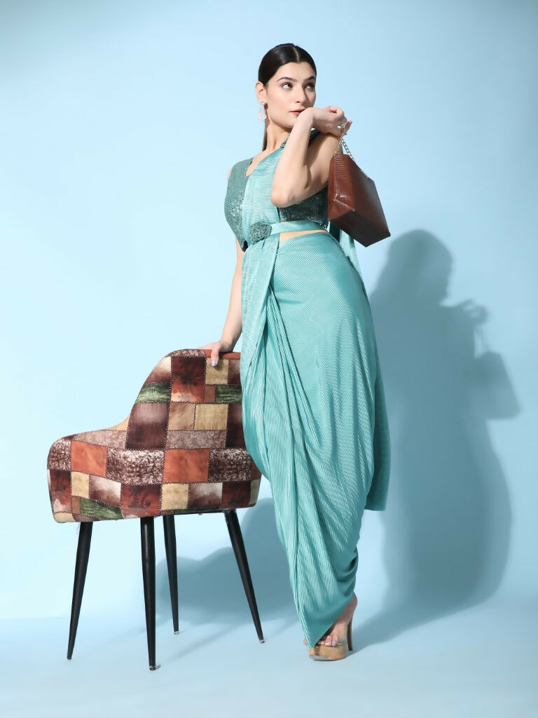 Sea Green Imported Crush Lycra Texture Pattern Ready to Wear Saree with stitched Blouse - Nirvana