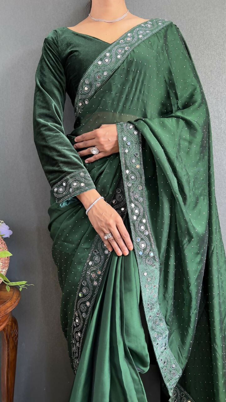Vastranavya Green Rangoli Silk Real Mirror work with Swarovski work Ready to Wear Saree