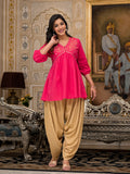 Juniper Women's Fuchsia Embroidered Cotton Tunic And Pant Co-Ord Set With Mirror & Zari Work