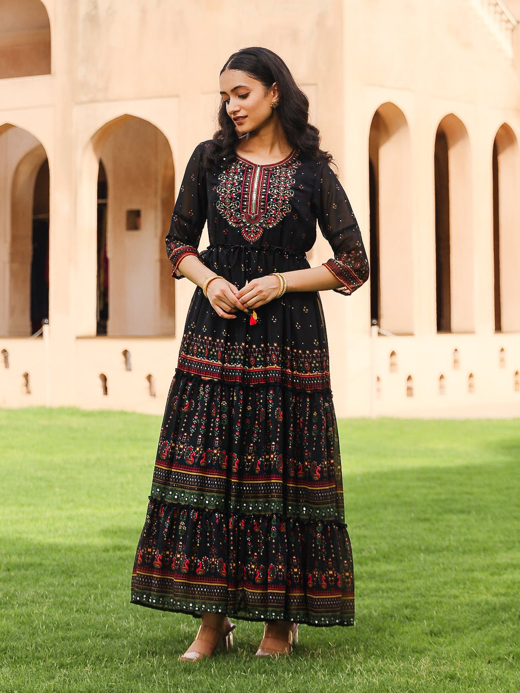 Juniper Black Ethnic Motif Printed Georgette Maxi Dress With Sequins & Doris At Waist