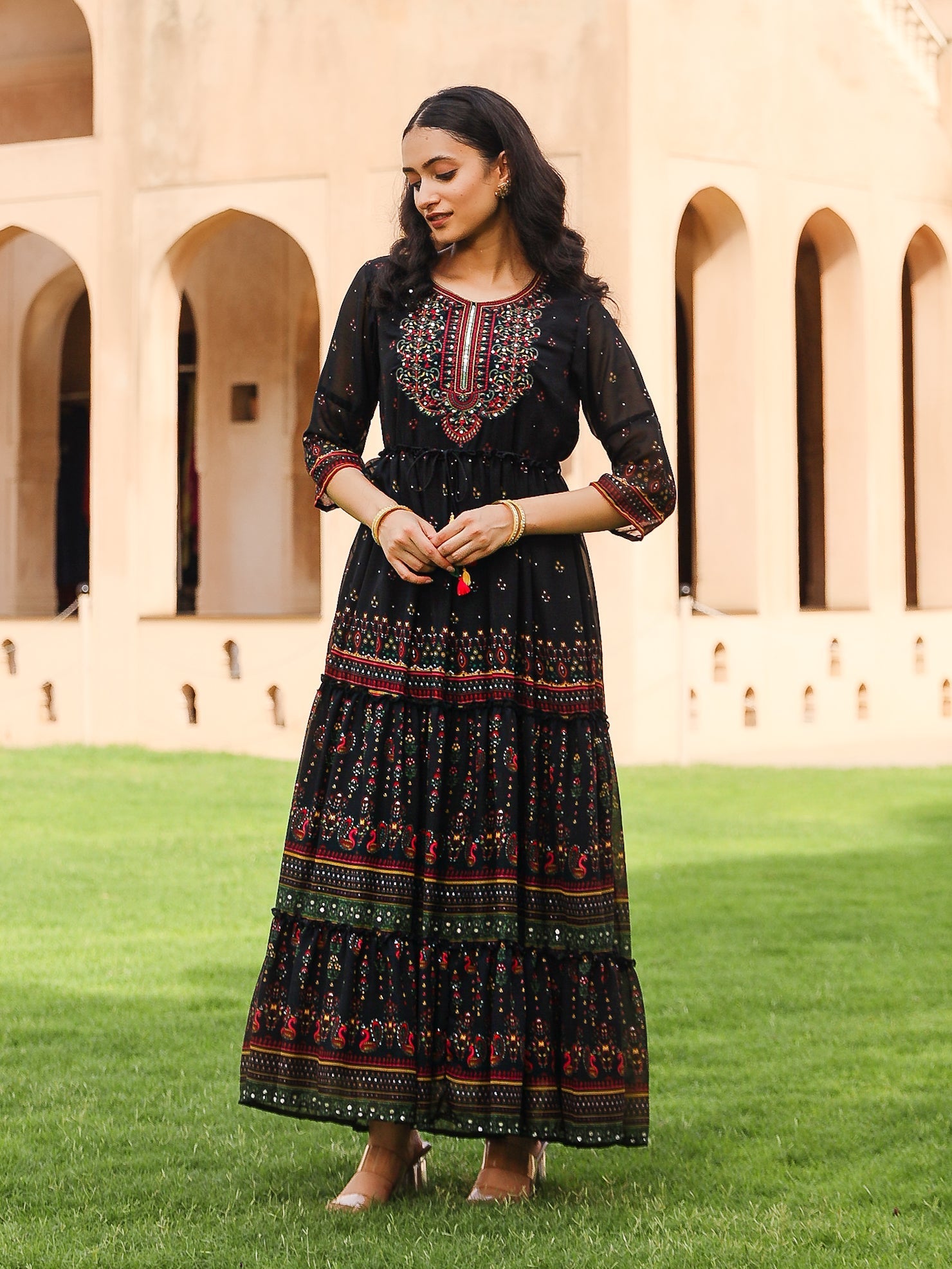 Juniper Black Ethnic Motif Printed Georgette Maxi Dress With Sequins & Doris At Waist