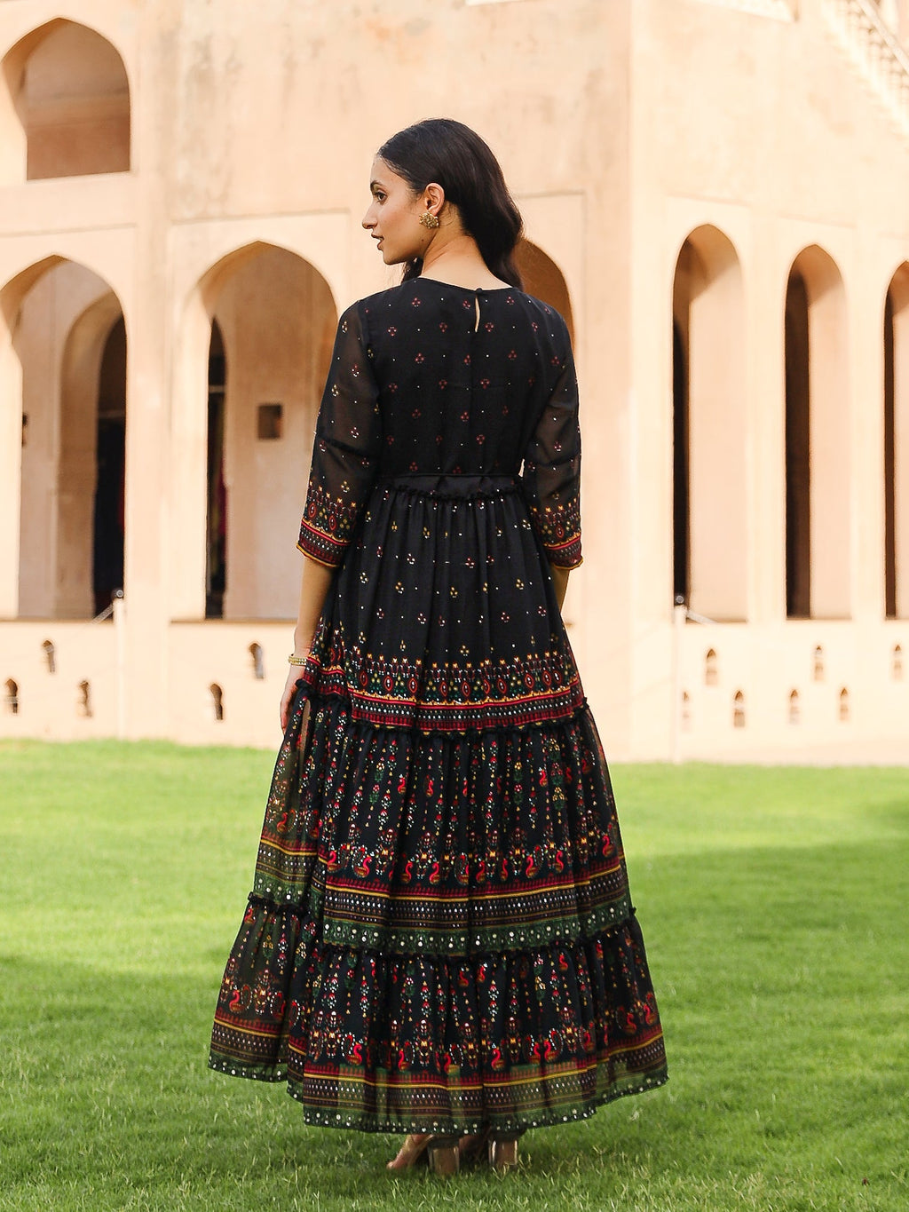 Juniper Black Ethnic Motif Printed Georgette Maxi Dress With Sequins & Doris At Waist