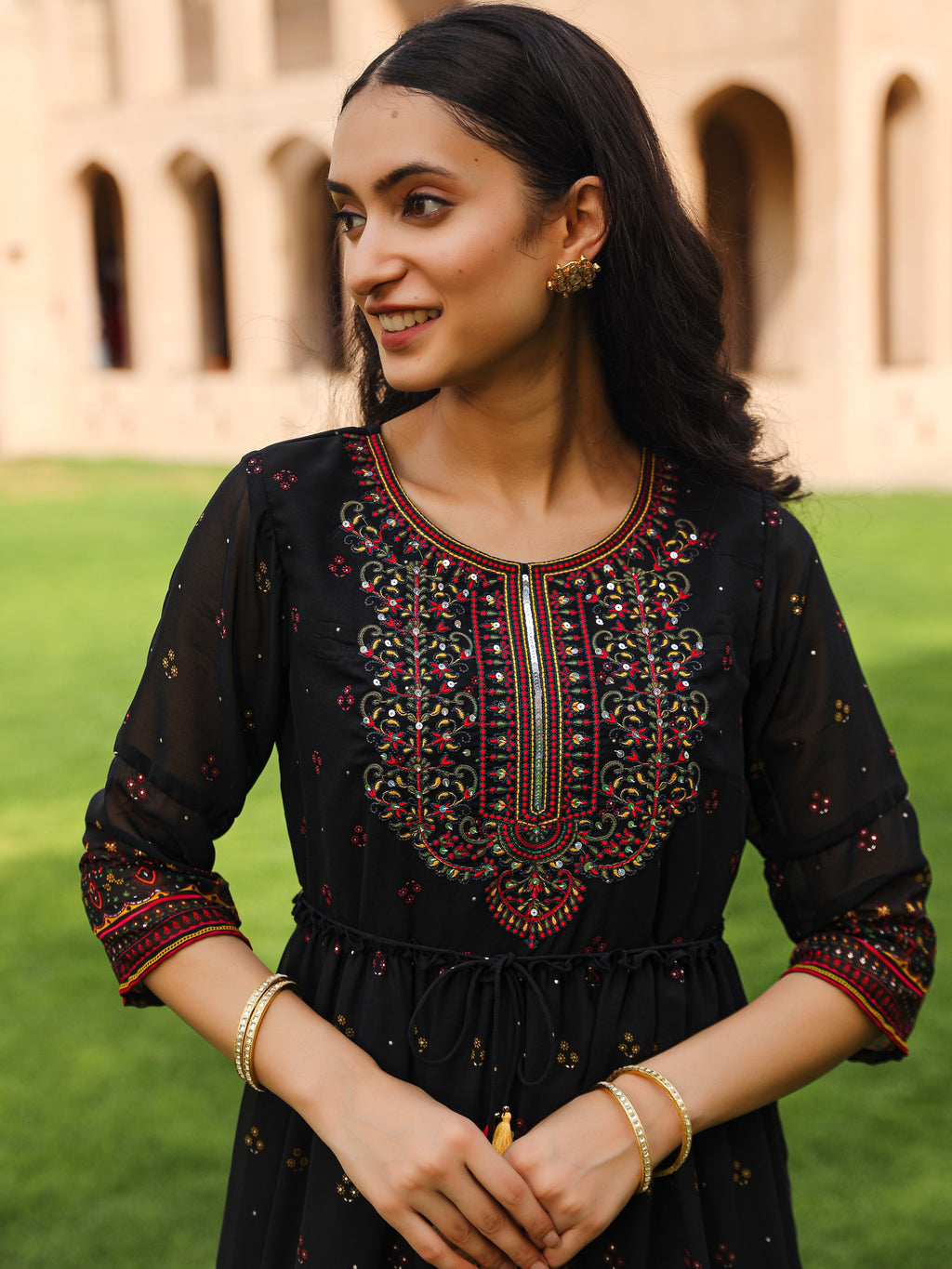 Juniper Black Ethnic Motif Printed Georgette Maxi Dress With Sequins & Doris At Waist