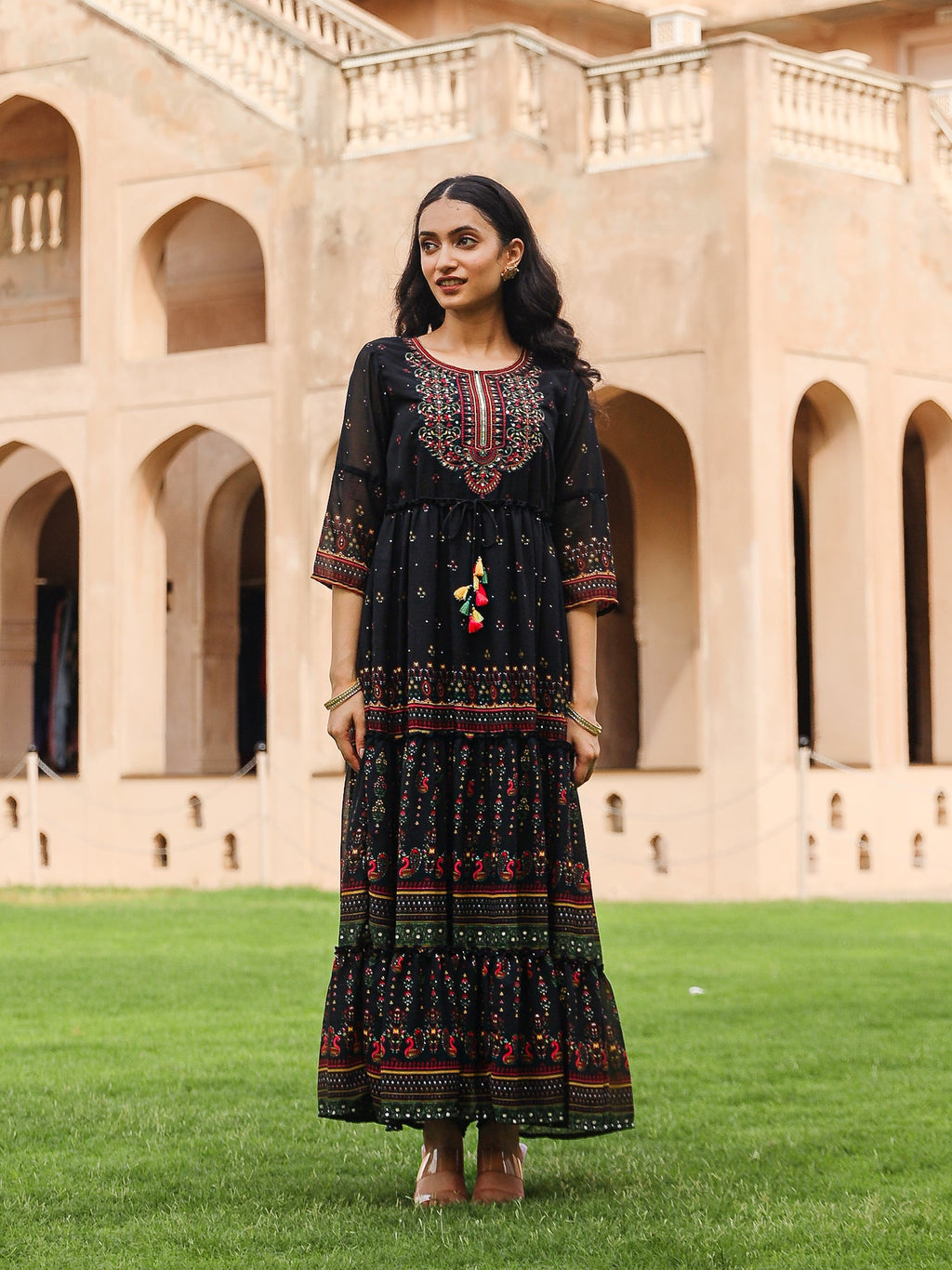 Juniper Black Ethnic Motif Printed Georgette Maxi Dress With Sequins & Doris At Waist