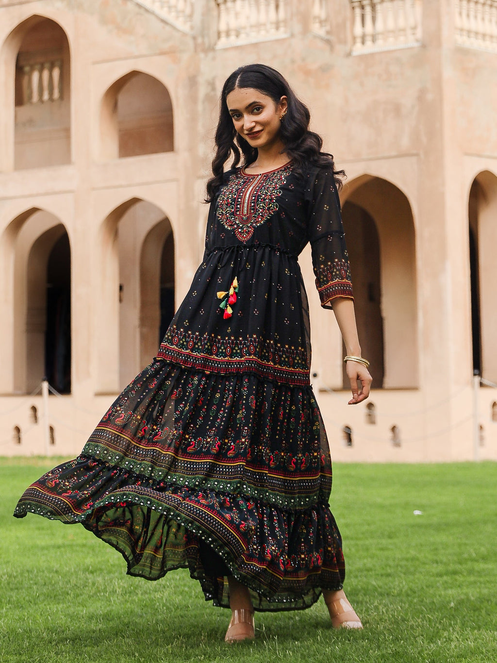 Juniper Black Ethnic Motif Printed Georgette Maxi Dress With Sequins & Doris At Waist