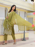 Juniper Women's Olive Green Ethnic Motif Printed Viscose Kurta, Pant And Dupatta Set With Gota Patti Work