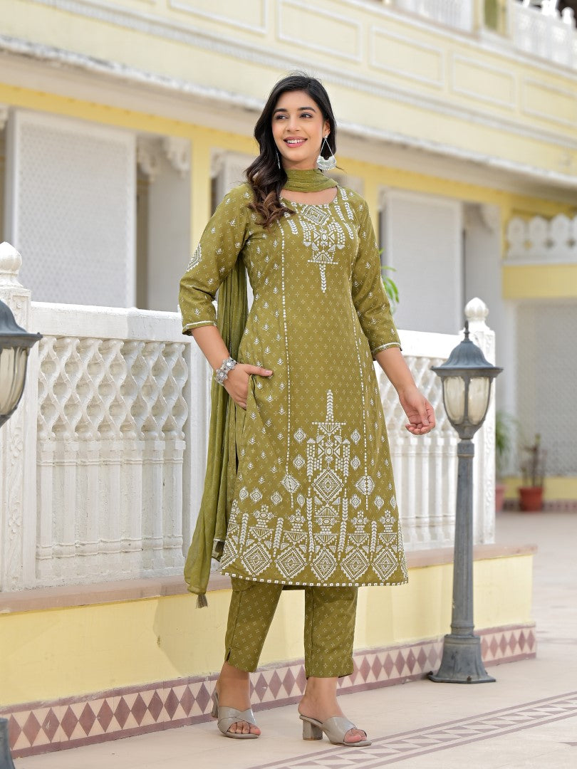 Juniper Women's Olive Green Ethnic Motif Printed Viscose Kurta, Pant And Dupatta Set With Gota Patti Work