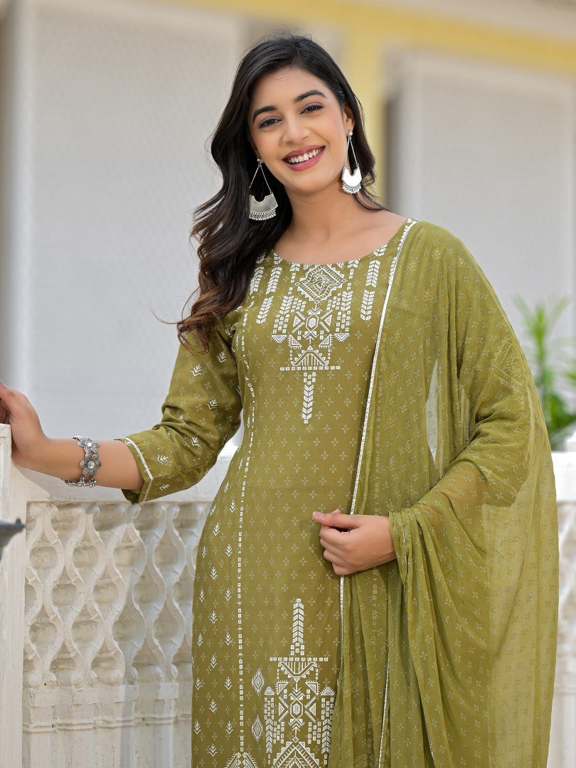 Juniper Women's Olive Green Ethnic Motif Printed Viscose Kurta, Pant And Dupatta Set With Gota Patti Work