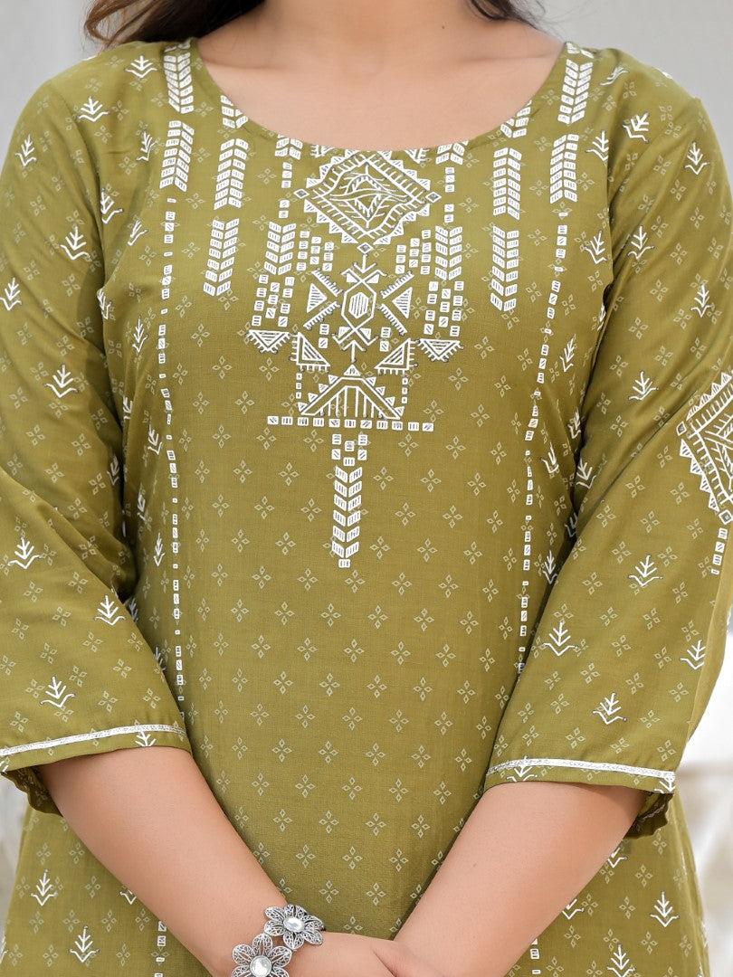 Juniper Women's Olive Green Ethnic Motif Printed Viscose Kurta, Pant And Dupatta Set With Gota Patti Work