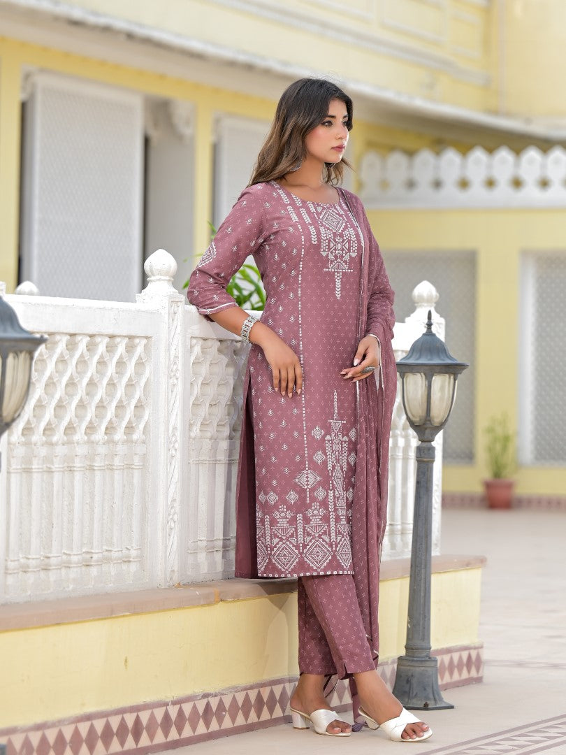 Juniper Women's Onion Pink Ethnic Motif Printed Viscose Kurta, Pant And Dupatta Set With Gotta Patti Work