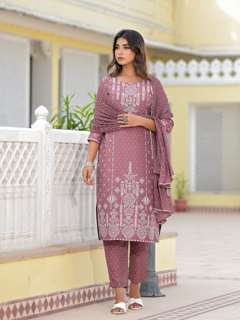 Juniper Women's Onion Pink Ethnic Motif Printed Viscose Kurta, Pant And Dupatta Set With Gotta Patti Work