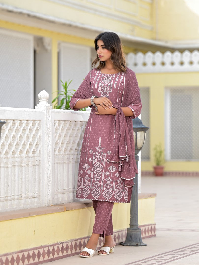Juniper Women's Onion Pink Ethnic Motif Printed Viscose Kurta, Pant And Dupatta Set With Gotta Patti Work
